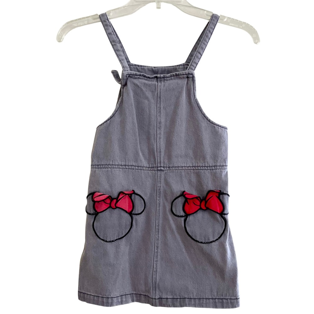 Disney Collection Minnie Mouse Gray Denim Pinafore Jumper Dress Red‎ Bows 5/6